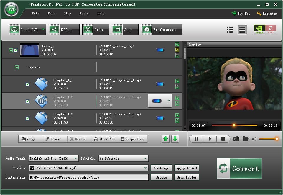 Convert DVD to PSP MP4, H.264(.mp4), AVI, rip DVD to PSP MP3, M4A, ect audio.