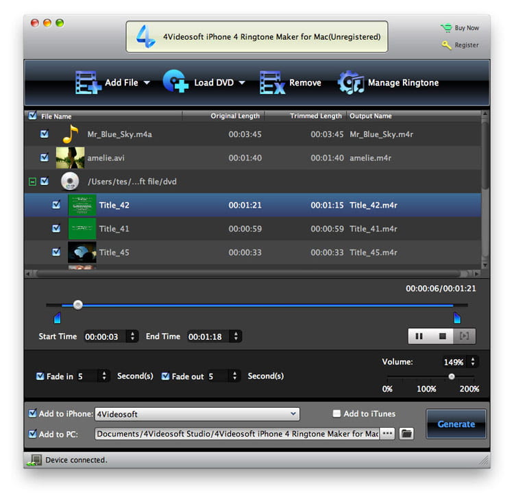 4Videosoft Mac iPhone 4 Ringtone Maker Screenshot