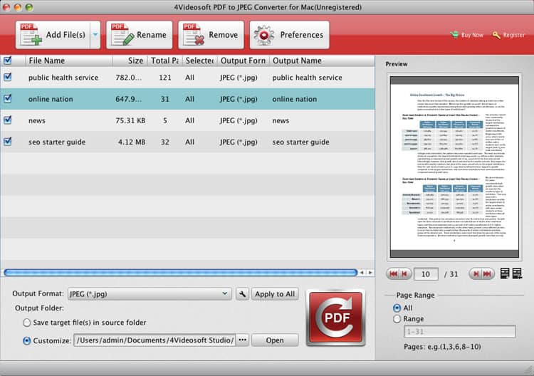 4Videosoft PDF to JPEG Converter for Mac Screenshot