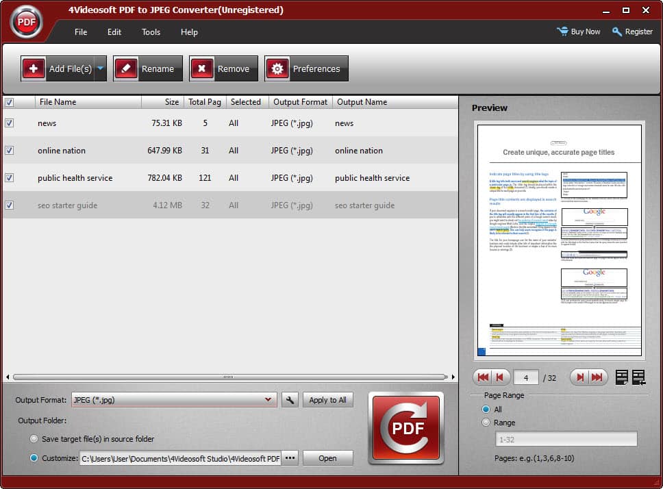 4Videosoft PDF to JPEG Converter Screenshot
