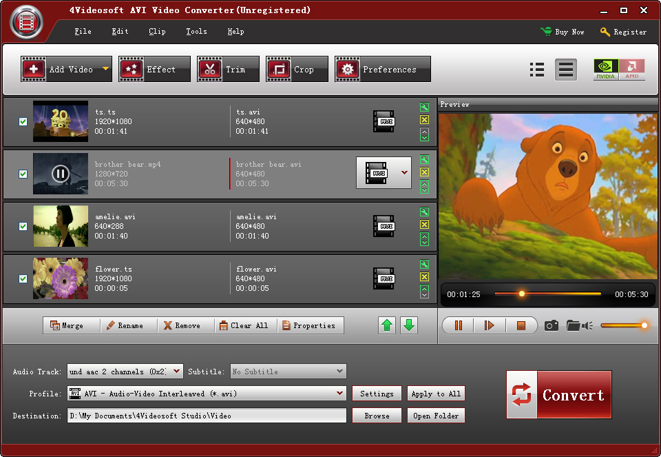 Convert any video to AVI/AAC/AC3/MP3/M4A/MP2/WAV, support all the AVI players.