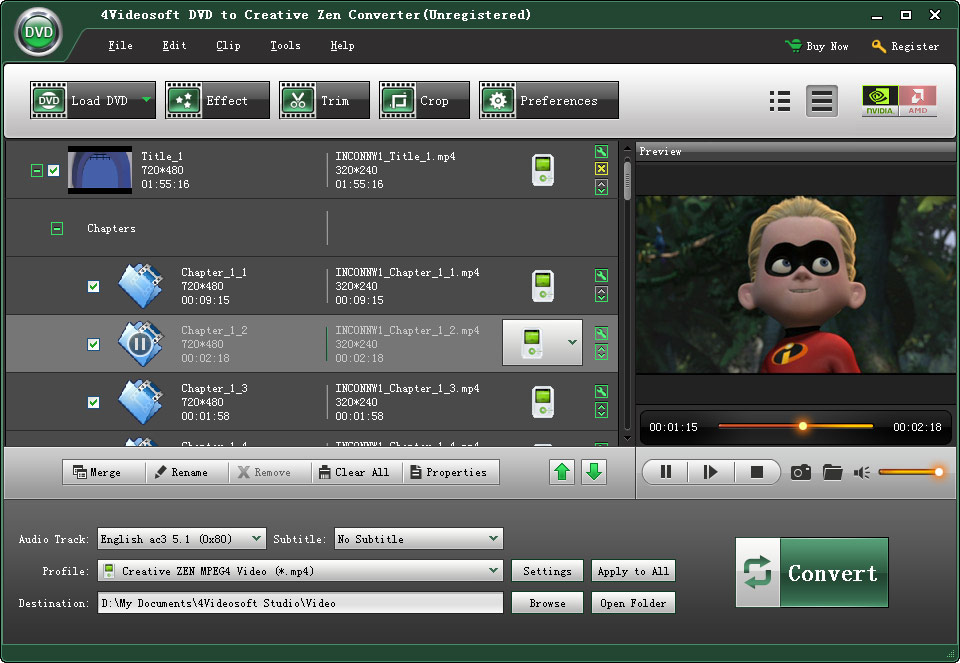 Screenshot of 4Videosoft DVD to Creative Zen Converter