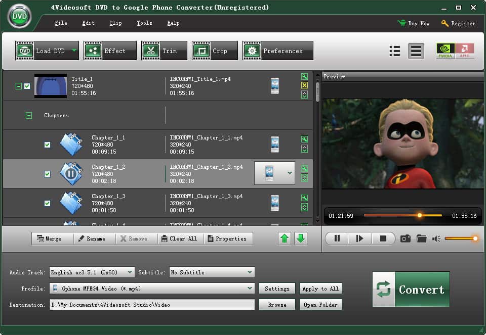 Screenshot of 4Videosoft DVD to Google Phone Converter