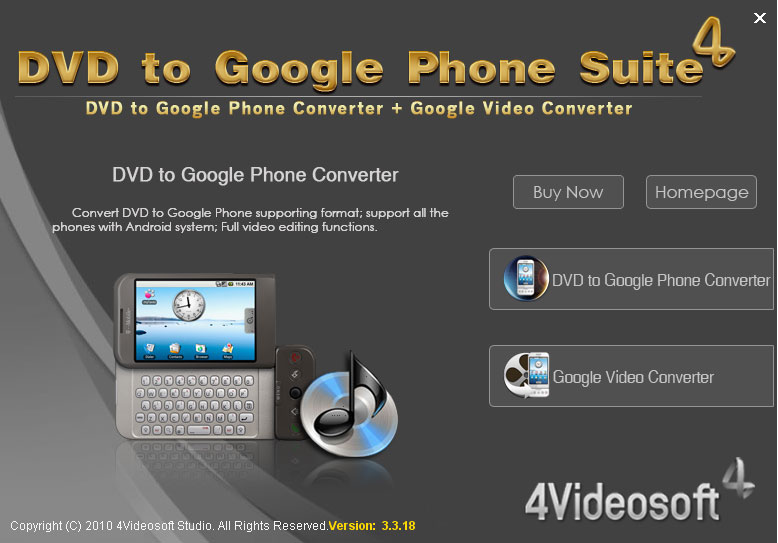 Screenshot of 4Videosoft DVD to Google Phone Suite 3.2.08