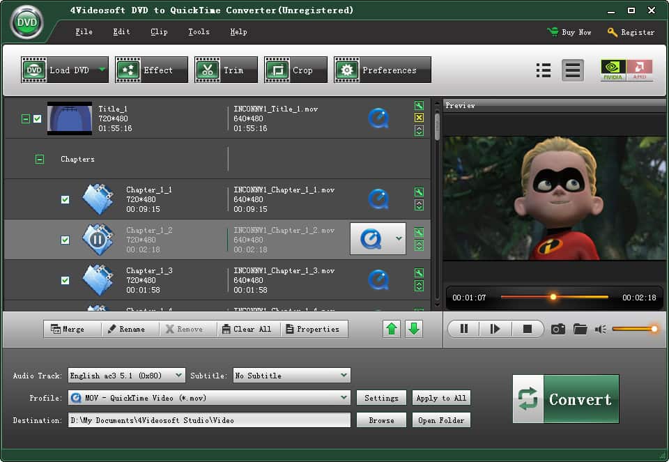 Screenshot of 4Videosoft DVD to QuickTime Converter 3.2.16