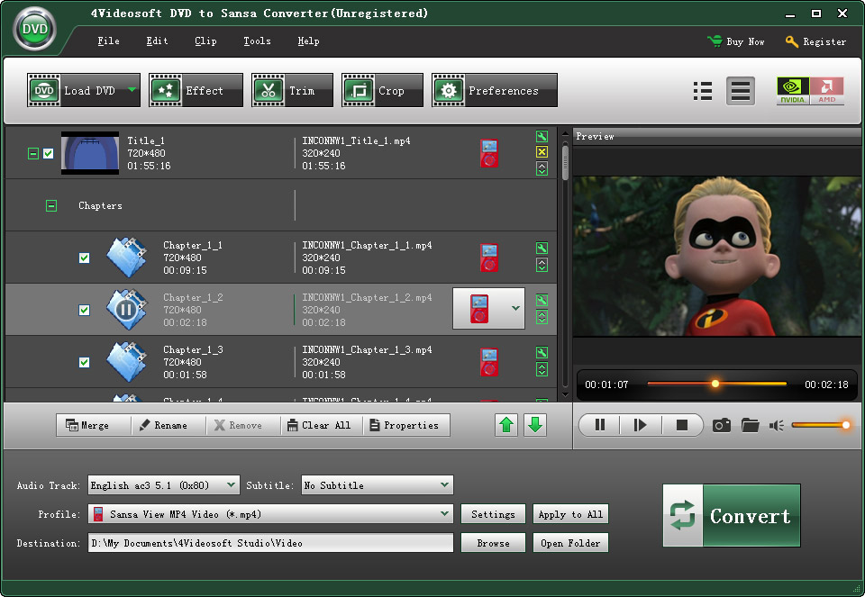 4Videosoft DVD to Sansa Converter can convert your DVD movie to Sansa MP4, etc.