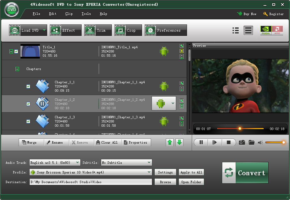 Screenshot of 4Videosoft DVD to Sony XPERIA Converter