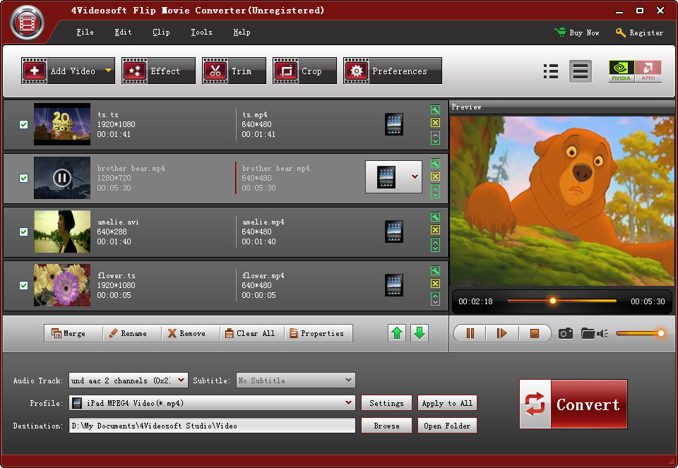 Convert Flip movie created by any series of Flip devices to any videos/audios.