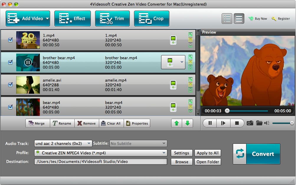 Screenshot of 4Videosoft Mac Creative Zen Converter