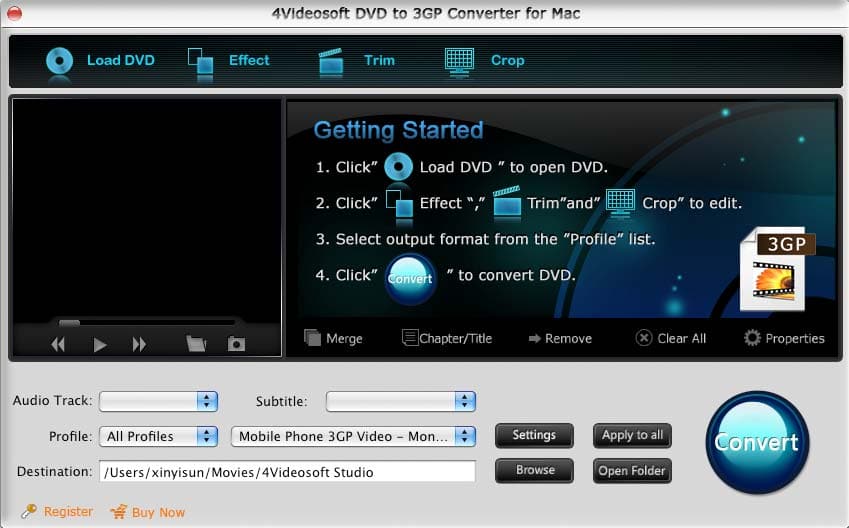 Screenshot of 4Videosoft DVD to 3GP Converter for Mac