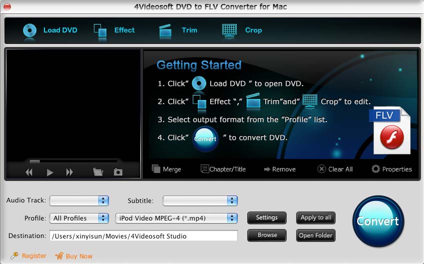 Screenshot of 4Videosoft DVD to FLV Converter for Mac 3.1.06