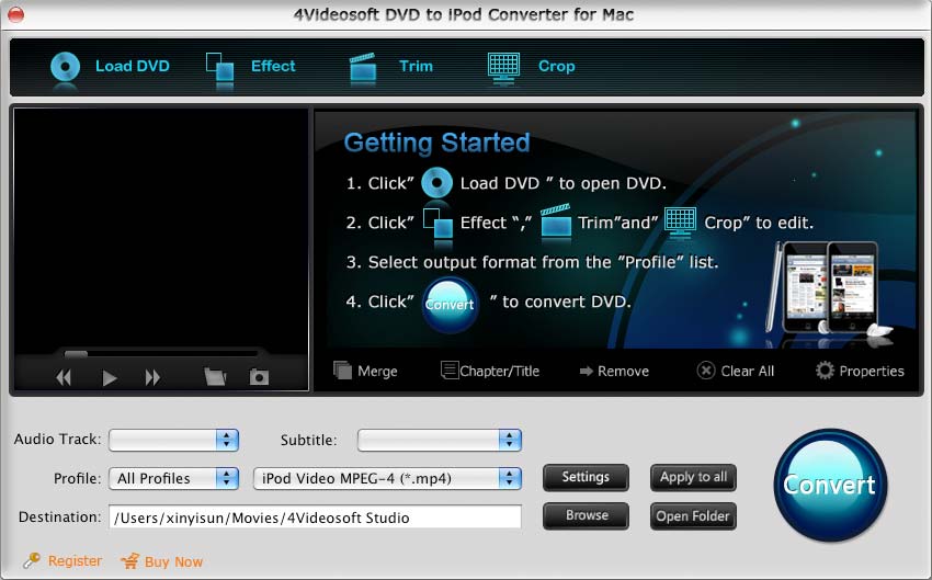 Screenshot of 4Videosoft DVD to iPod Converter for Mac 3.1.20