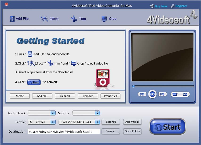 Screenshot of 4Videosoft iPod Video Converter for Mac 3.1.22