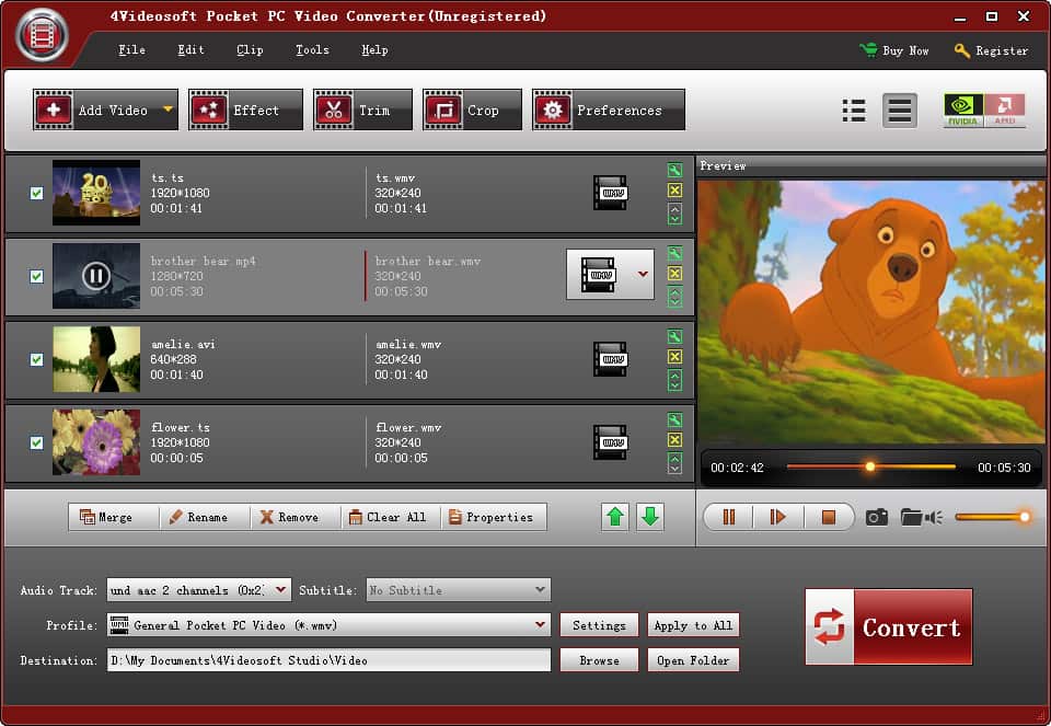 Screenshot of 4Videosoft Pocket PC Video Converter