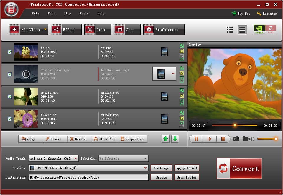 Convert TOD/Mod/MOV/MKV/MP4/MPG/DV/HD TS/HD M2TS/HD MTS, get music from videos.