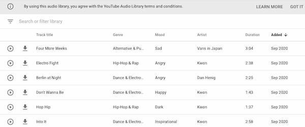YouTube audio library
