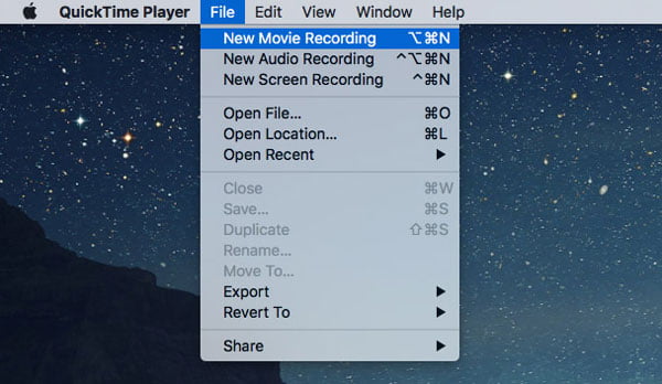 Gravação de novo filme do Quicktime Player